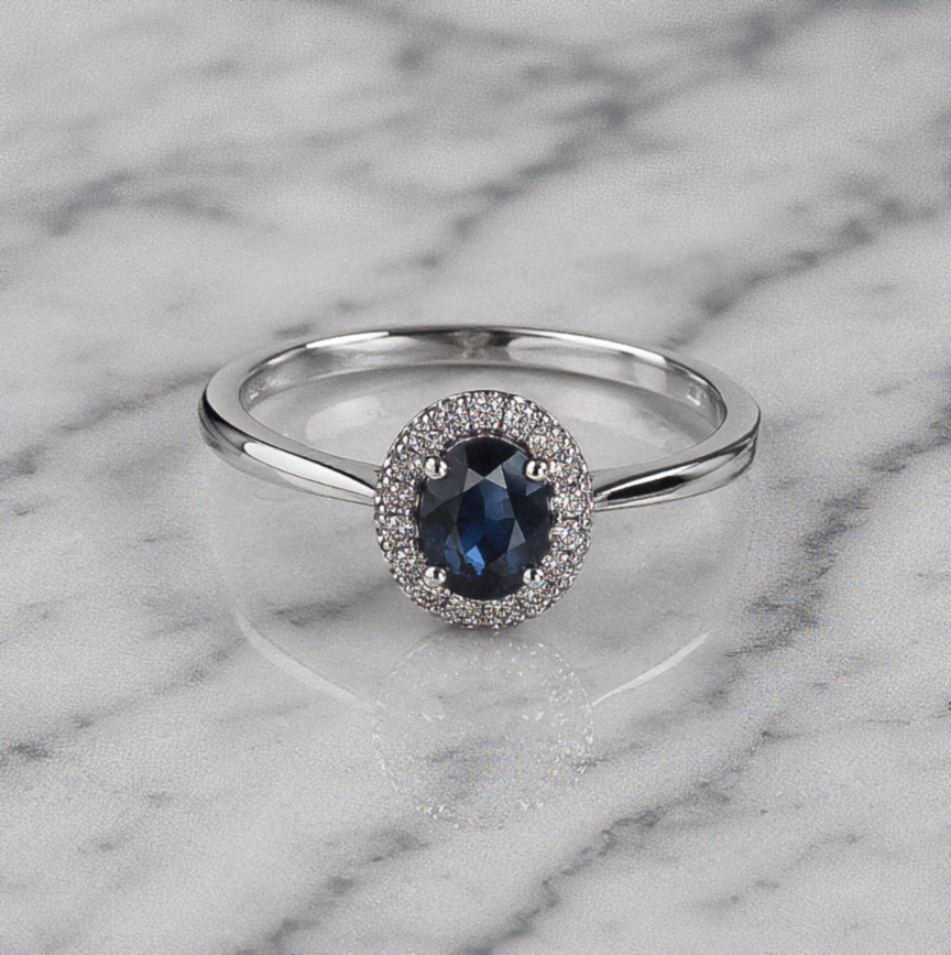 9ct White Gold Blue Sapphire & Diamond Cluster Ring