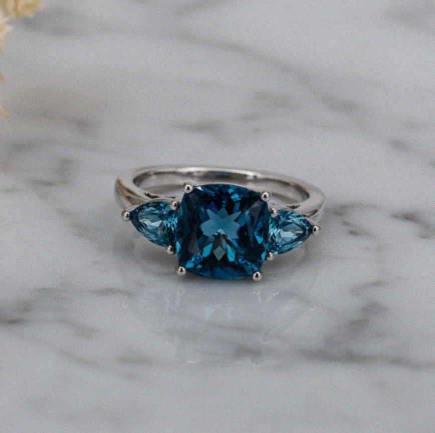 9ct White Gold London Blue Topaz Trillogy Ring