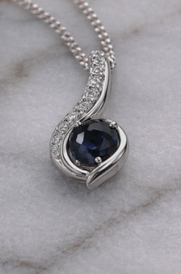 Blue Sapphire & Diamond Swirl Necklace set - 9ct White Gold