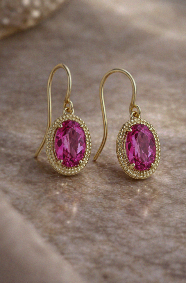 Oval Cut Pink Topaz Drop Earrings in 9ct Yellow Gold