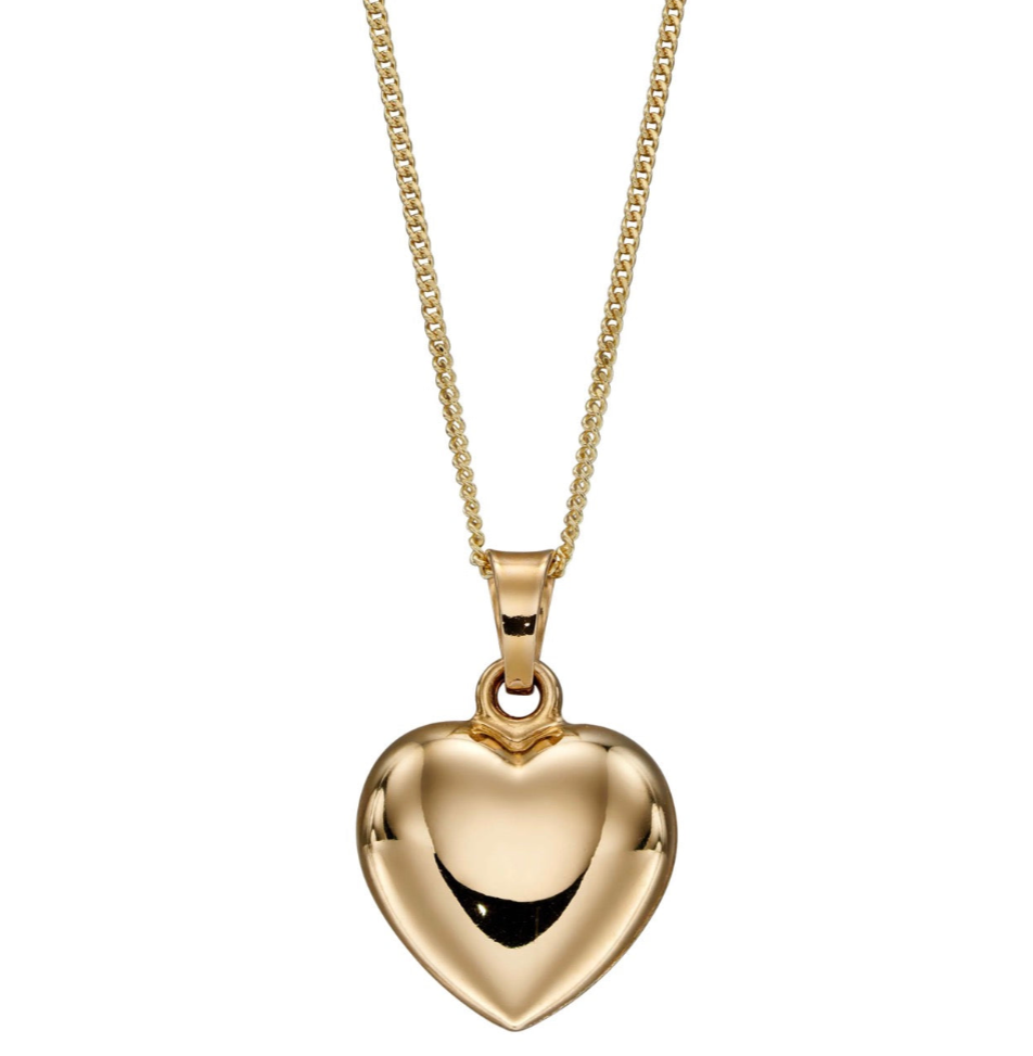9ct Yellow Gold Small Heart Pendant Necklace – 46cm Curb Chain