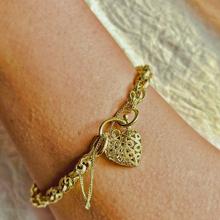 Solid 9ct Yellow Gold Prince of Wales Bracelet with Filigree Heart Padlock – 19.5g