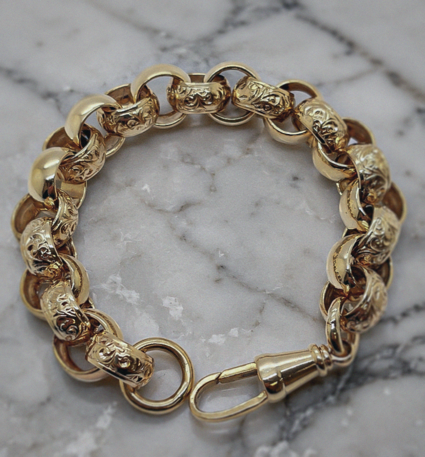 9ct Yellow Gold Engraved & Plain Belcher Bracelet