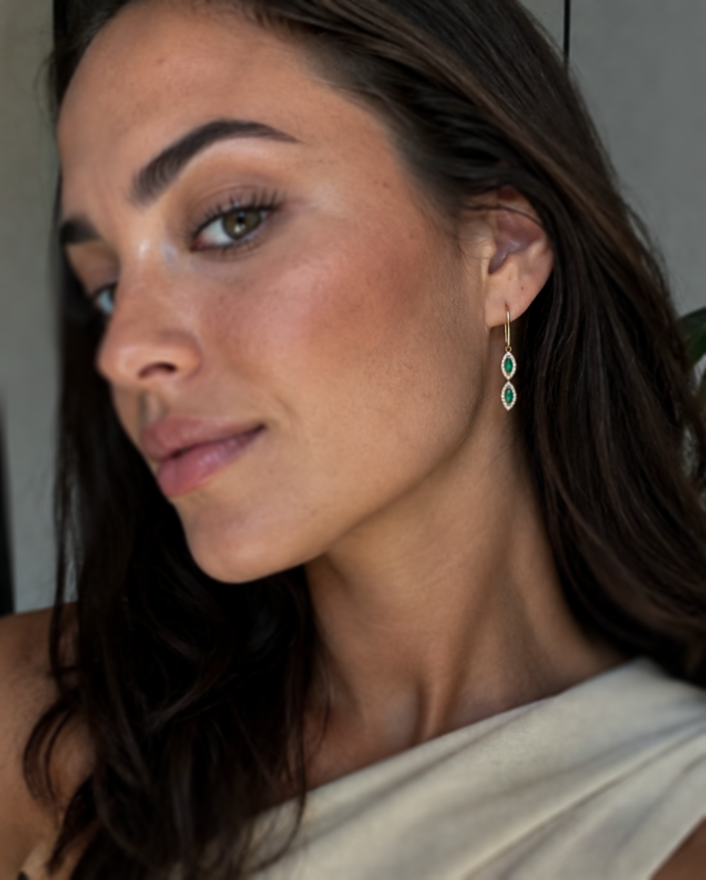 Marquise Double Drop Emerald & Diamond Earrings in 9ct Yellow Gold
