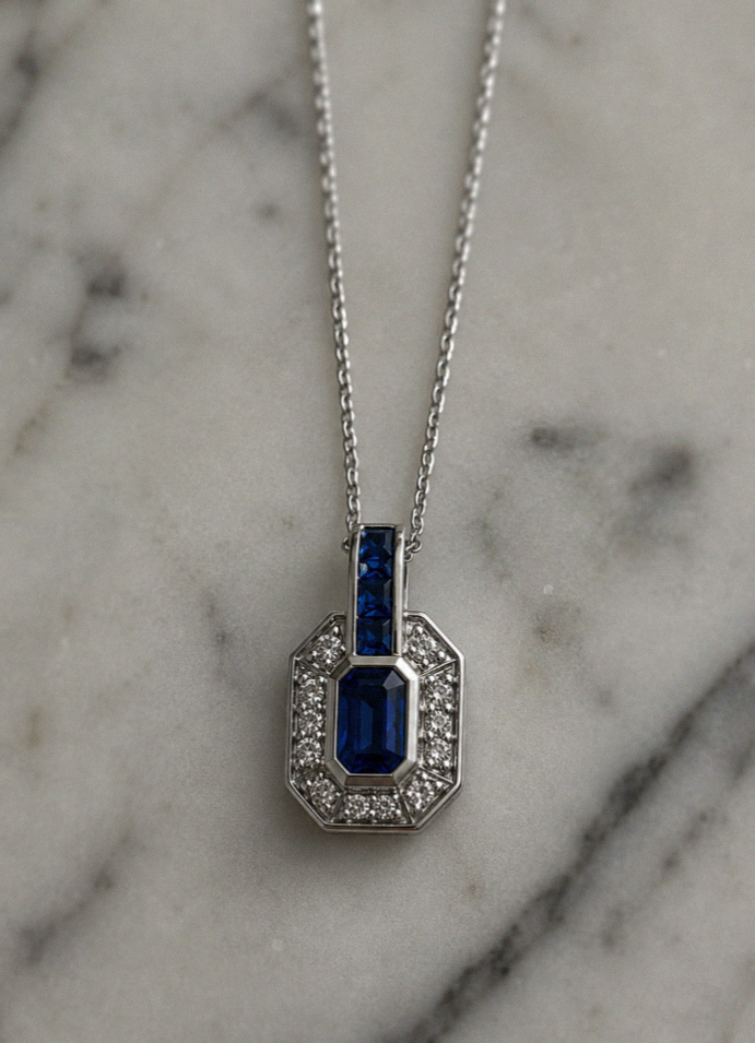 9ct White Gold Sapphire & Diamond Channel Necklace