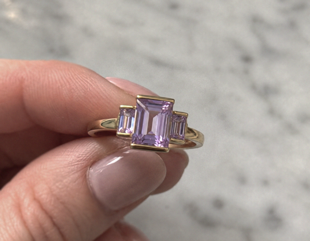 9ct Yellow Gold Trilogy Rose de France Amethyst Ring