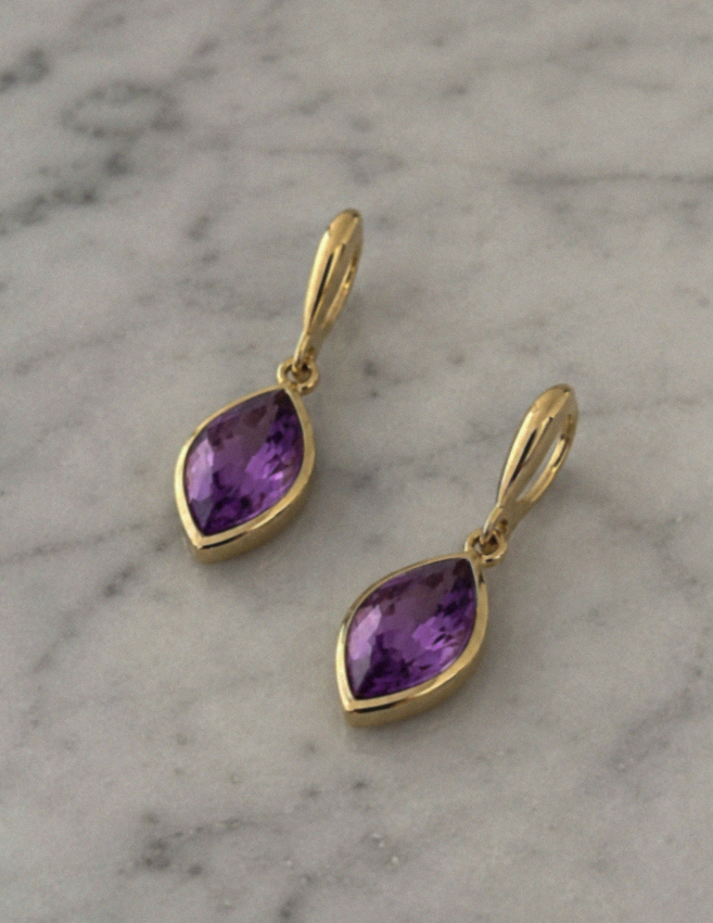 9ct Yellow Gold Flame Cut Amethyst Drop Earrings