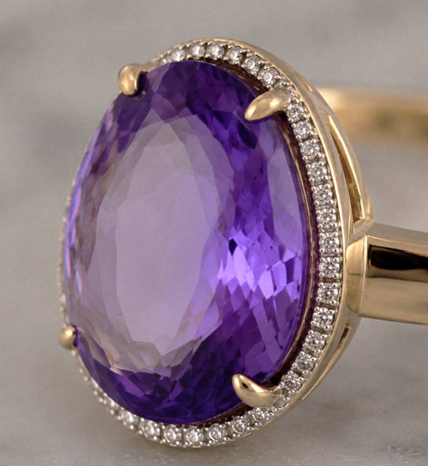 9ct Yellow Gold Irregular Amethyst Ring with Diamond Surround