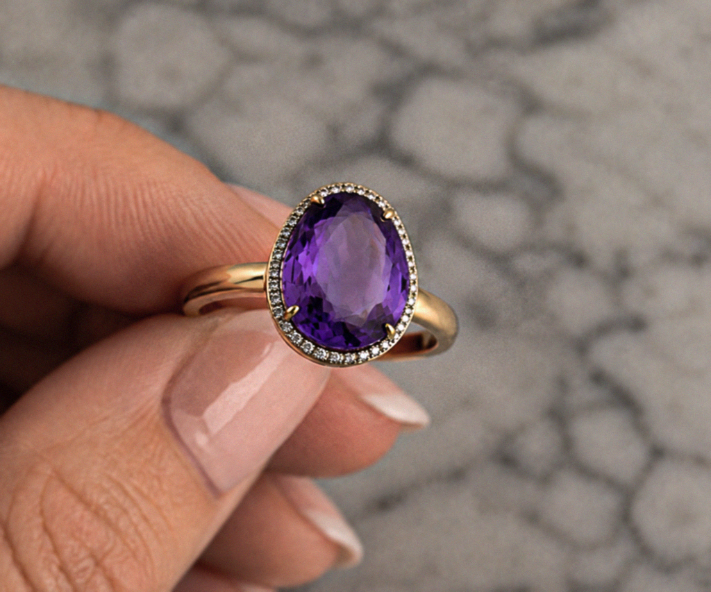 9ct Yellow Gold Irregular Amethyst Ring with Diamond Surround