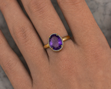9ct Yellow Gold Irregular Amethyst Ring with Diamond Surround