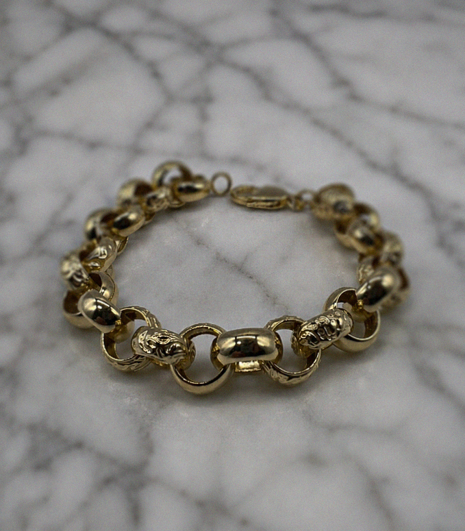 9ct Yellow Gold Engraved & Plain Belcher Bracelet – 13mm