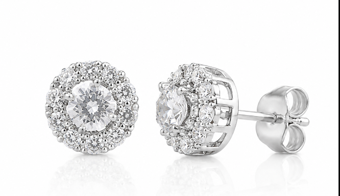 Silver Cubic Zirconia Cluster Halo Stud Earrings
