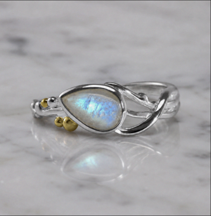 Banyan Sterling Silver Teardrop Rainbow Moonstone Ring