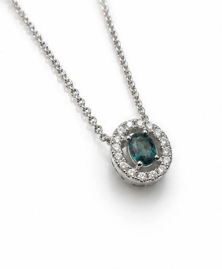 9ct White Gold Teal Sapphire & Diamond Halo Necklace