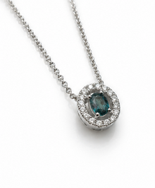 9ct White Gold Teal Sapphire & Diamond Halo Necklace