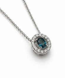 9ct White Gold Teal Sapphire & Diamond Halo Necklace