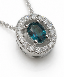 9ct White Gold Teal Sapphire & Diamond Halo Necklace