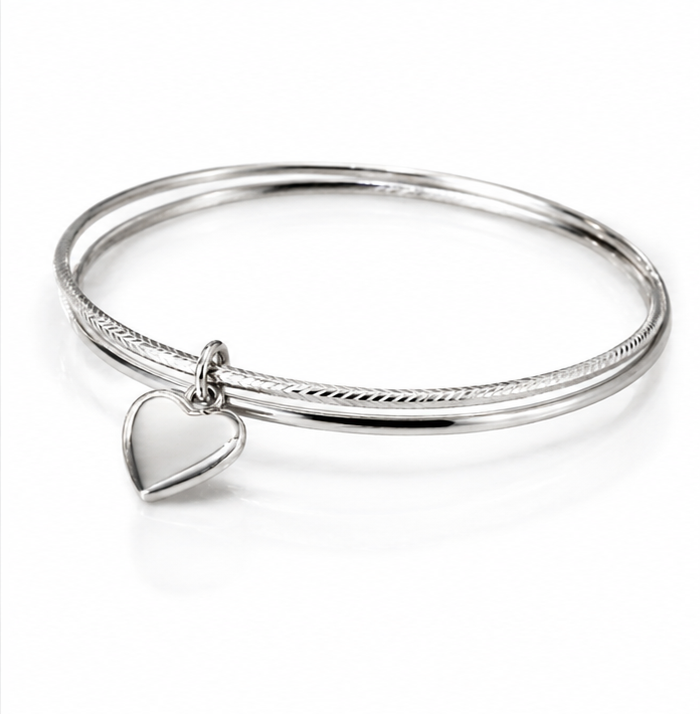 Sterling Silver Diamond-Cut Double Bangle with Heart Charm