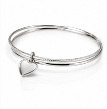 Sterling Silver Diamond-Cut Double Bangle with Heart Charm