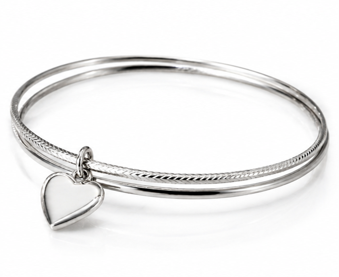Sterling Silver Diamond-Cut Double Bangle with Heart Charm