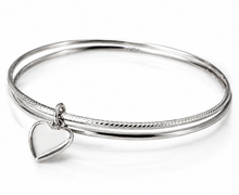 Sterling Silver Diamond-Cut Double Bangle with Heart Charm