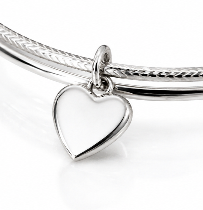 Sterling Silver Diamond-Cut Double Bangle with Heart Charm