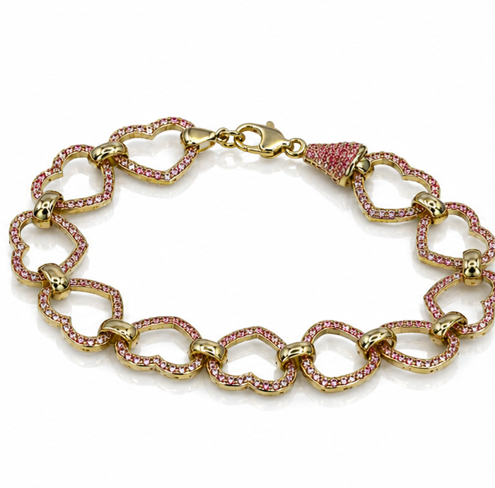 9ct Yellow Gold Pink Cubic Zirconia Heart Belcher Bracelet 7.5 Inch