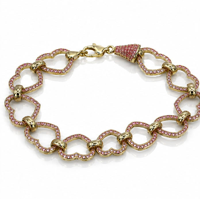 9ct Yellow Gold Pink Cubic Zirconia Heart Belcher Bracelet 7.5 Inch