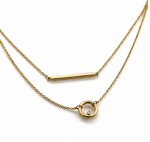 9ct Yellow Gold Bar and Circle Layered Necklace 17.5 Inch
