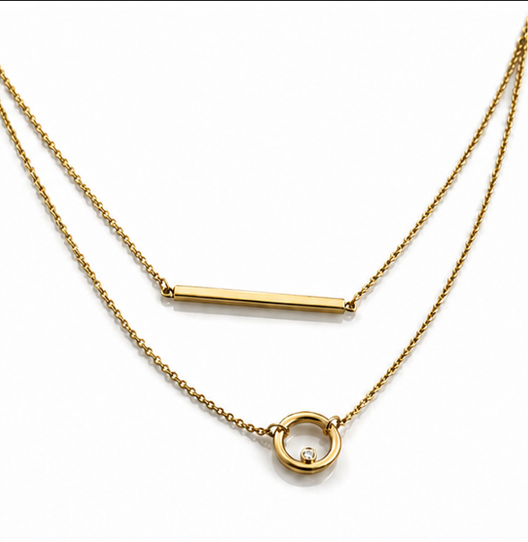 9ct Yellow Gold Bar and Circle Layered Necklace 17.5 Inch