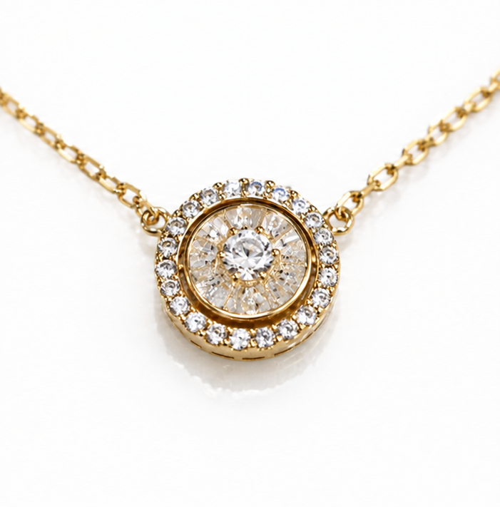 9ct Yellow Gold Cubic Zirconia Halo Pendant Necklace 16 Inch