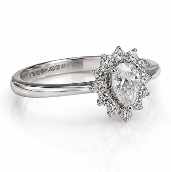 9ct White Gold 0.35ct Pear-Cut Flower Halo Diamond Engagement Ring