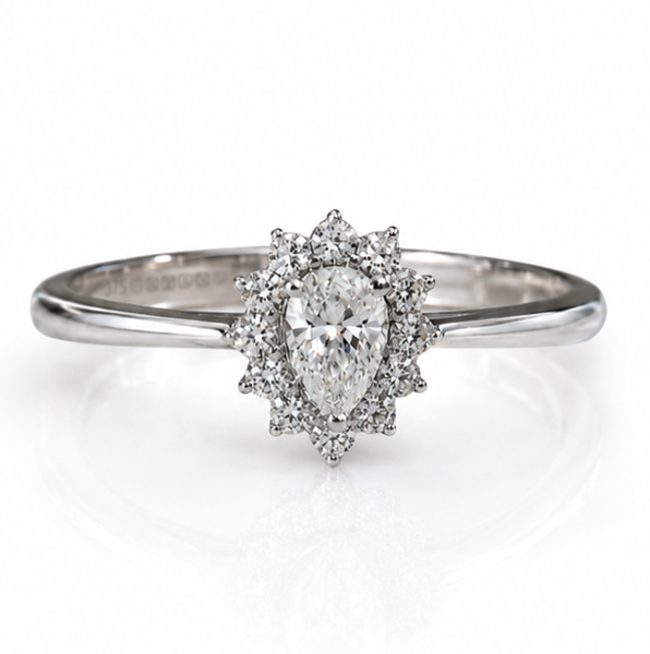 9ct White Gold 0.35ct Pear-Cut Flower Halo Diamond Engagement Ring