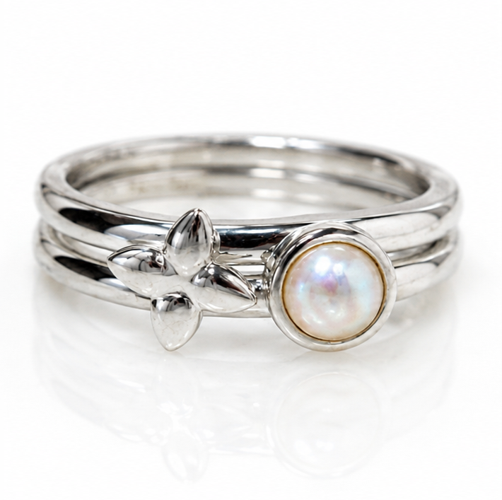 Laura Ashley Hartley Check Silver Mabe Pearl Stacking Rings