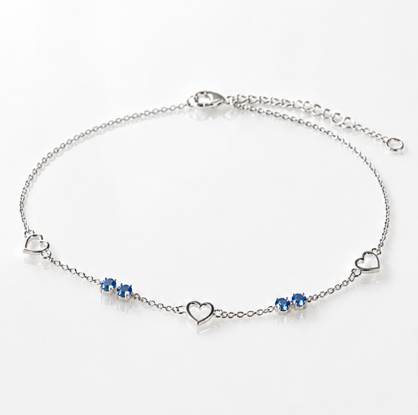 Sterling Silver Blue Crystal and Heart Anklet