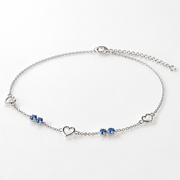 Sterling Silver Blue Crystal and Heart Anklet