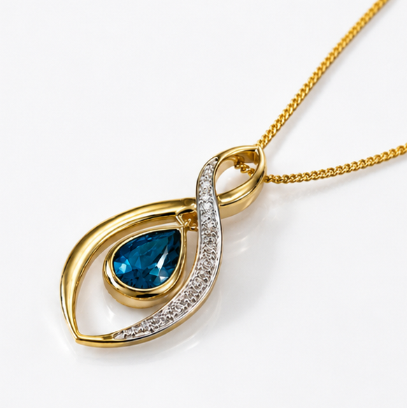 9ct Yellow Gold London Blue Topaz & Diamond Pendant Necklace