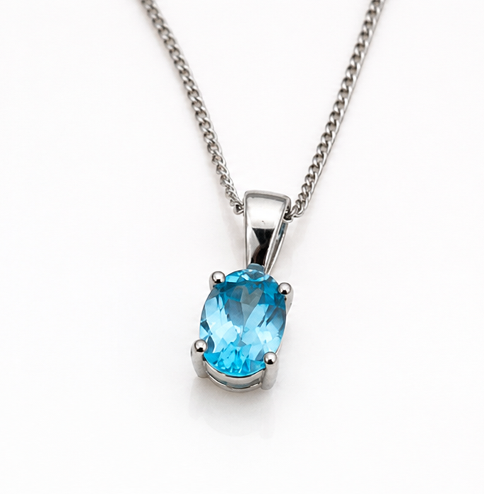 9ct White Gold Swiss Blue Topaz Oval Pendant Necklace