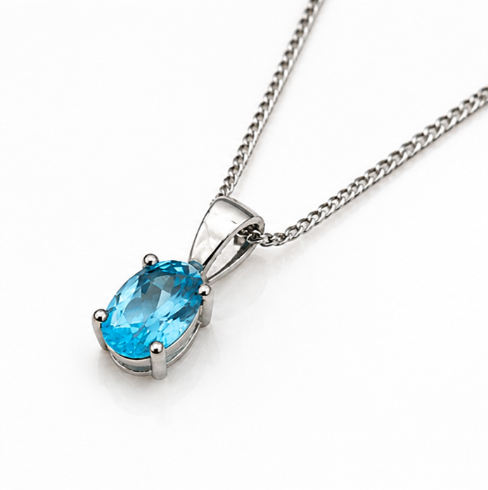 9ct White Gold Swiss Blue Topaz Oval Pendant Necklace