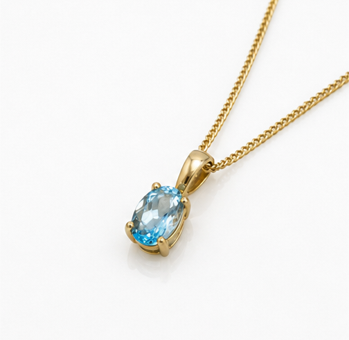 9ct Yellow Gold Swiss Blue Topaz Oval Pendant Necklace