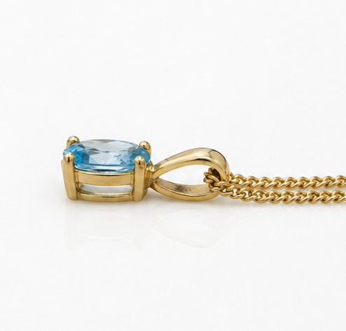 9ct Yellow Gold Swiss Blue Topaz Oval Pendant Necklace