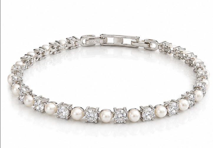 Diamonfire Sterling Silver Pearl and Zirconia Tennis Bracelet