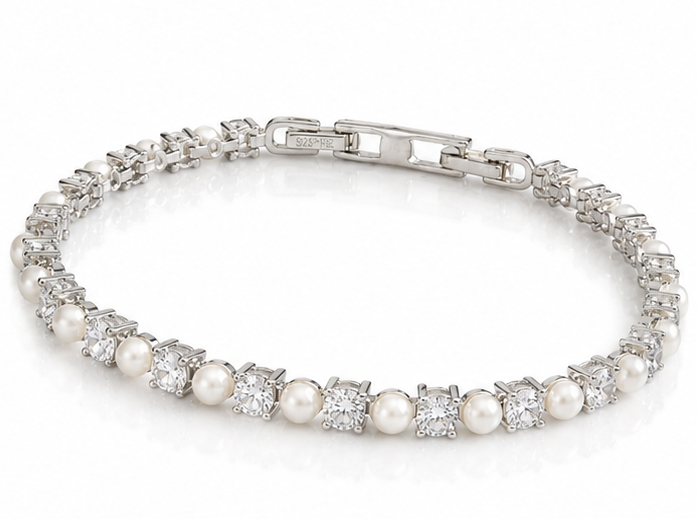 Diamonfire Sterling Silver Pearl and Zirconia Tennis Bracelet