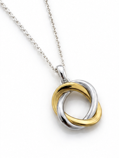 Sterling Silver Yellow Gold Plated Woven Circle Pendant with Trace Chain