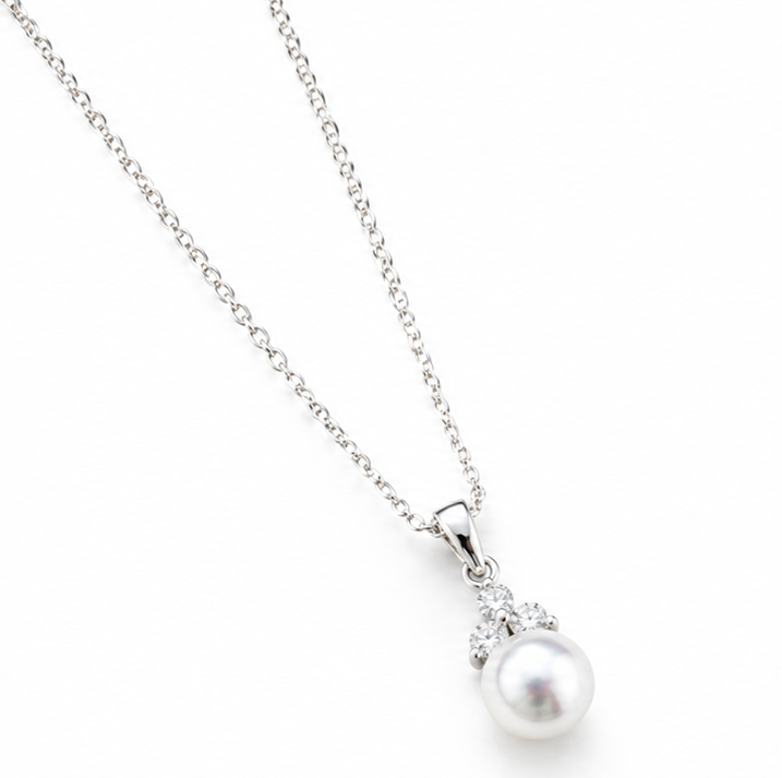 Sterling Silver Shell Pearl & Cubic Zirconia Drop Pendant with Trace Chain