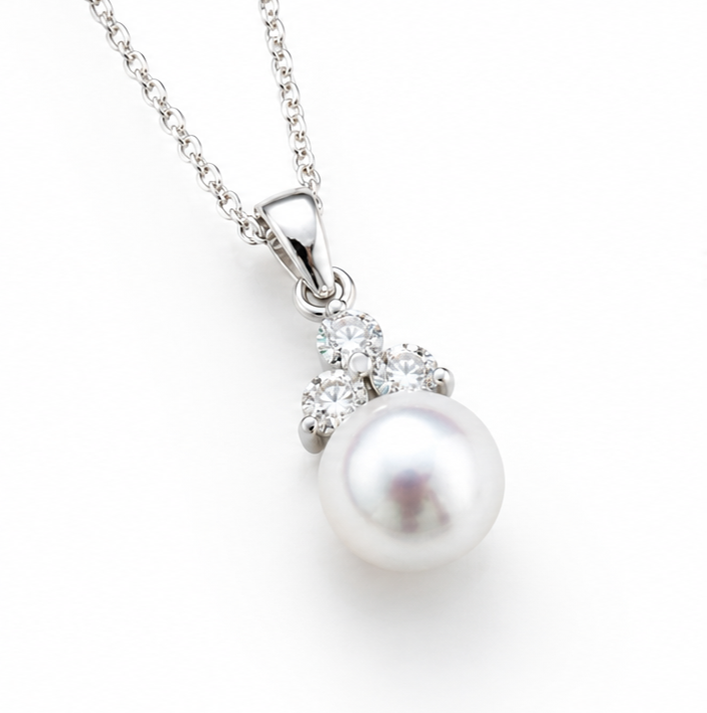 Sterling Silver Shell Pearl & Cubic Zirconia Drop Pendant with Trace Chain