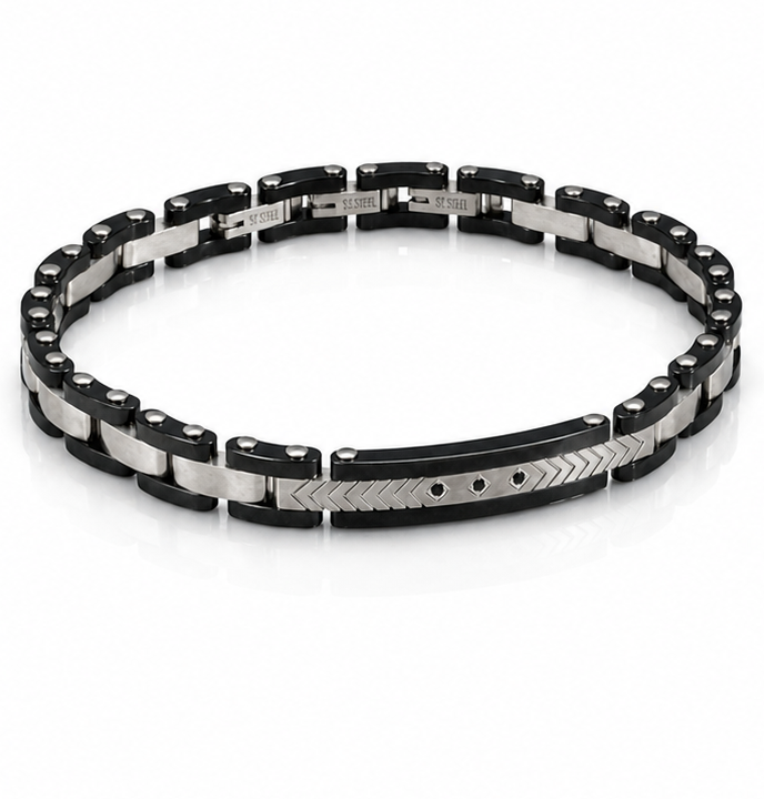 Fred Bennett Stainless Steel & Ceramic Link Bracelet with Black CZ Detail