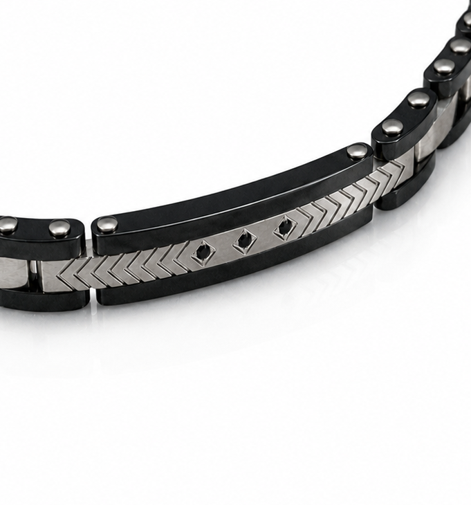 Fred Bennett Stainless Steel & Ceramic Link Bracelet with Black CZ Detail