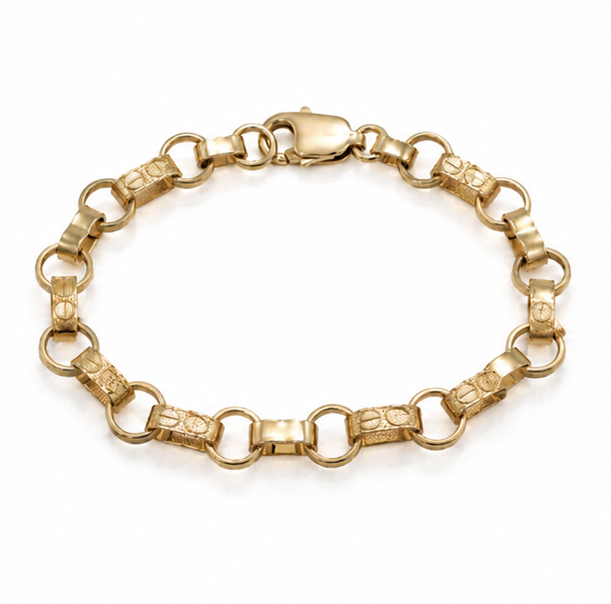 9ct Yellow Gold Engraved & Plain Belcher Bracelet – 6.5