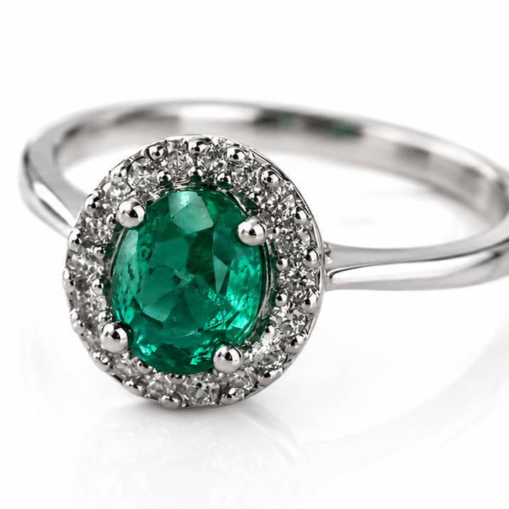 9ct White Gold Emerald & Diamond Cluster Ring